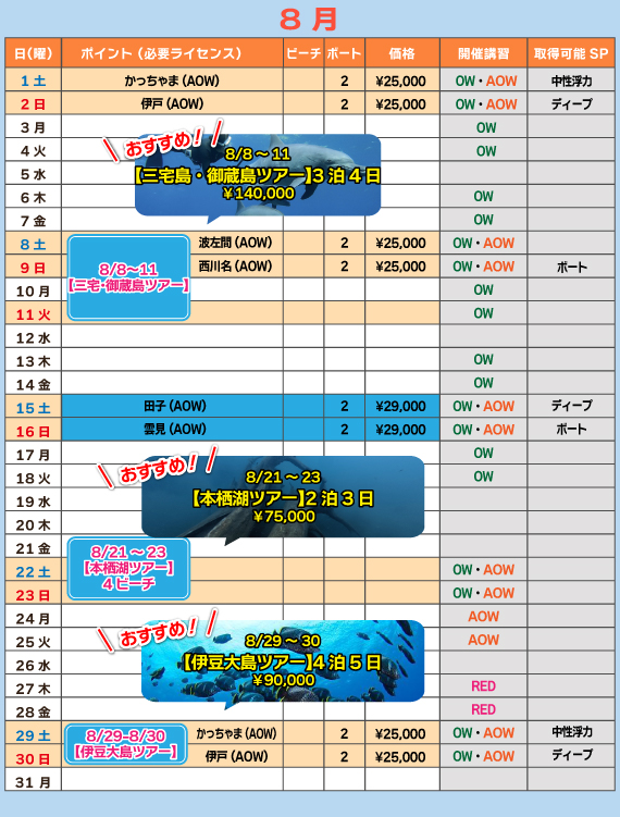 東日本ツアーカレンダー8月